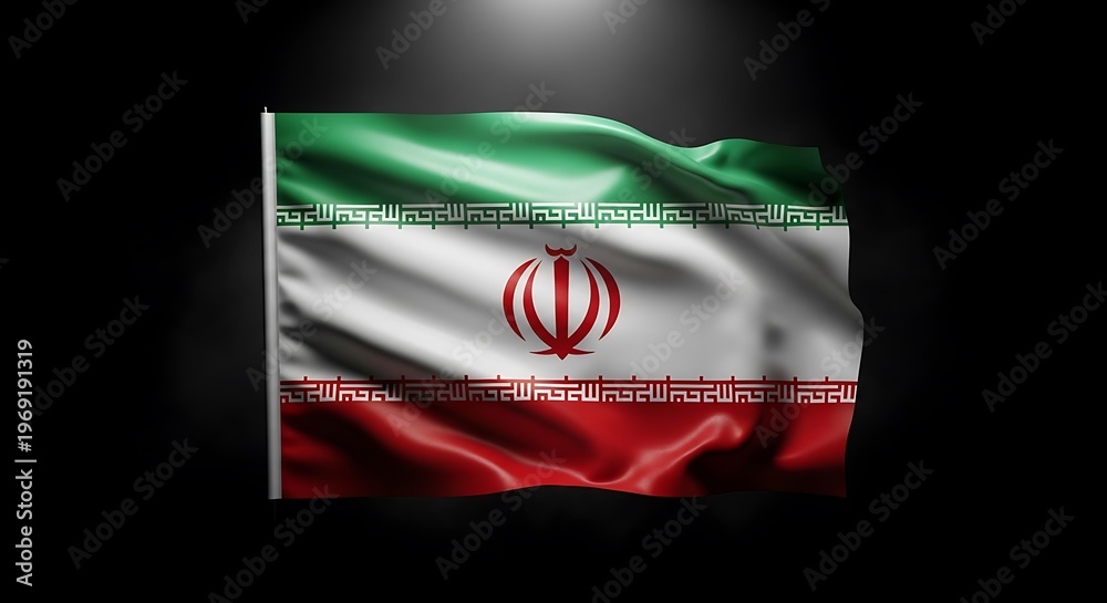 Naklejka premium Dynamic depiction of the national flag of Iran, majestically waving and illuminated against a dramatic dark background, symbolizing sovereignty and cultural identity