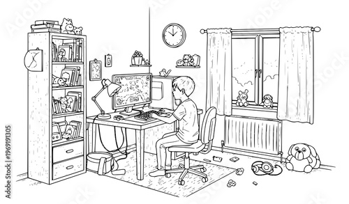 Boy playing computer game in kids room interior black and white sketch vector illustration