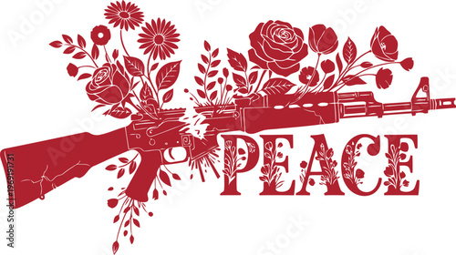Artistic rifle with flowers and peace text symbolizing antiwar message illustration
