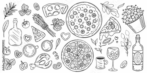 A whimsical sketch of various italian foods and decorative elements