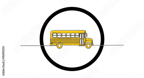 Vibrant yellow school bus depicted in a unique continuous line art style enclosed within a bold