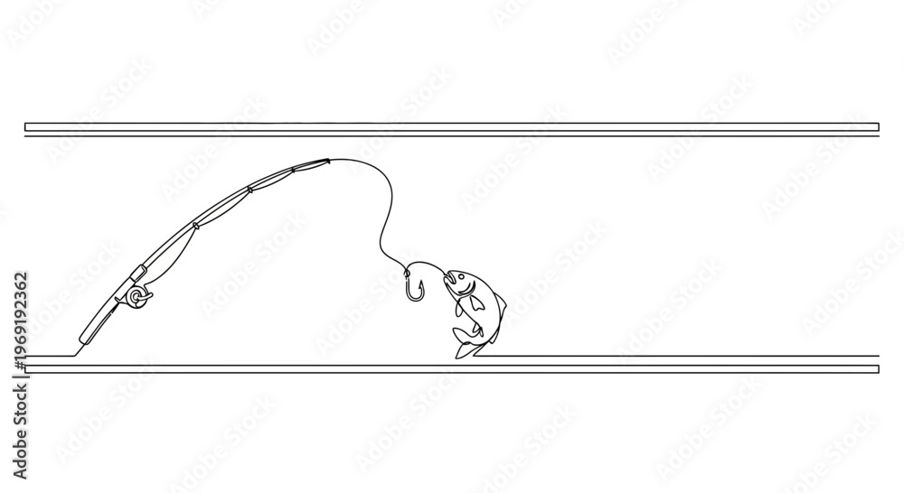 Fototapeta premium Elegant single line artwork illustrating a fishing rod bending with a hooked fish, representing