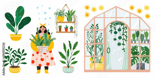 A woman tending to plants inside and around a charming greenhouse