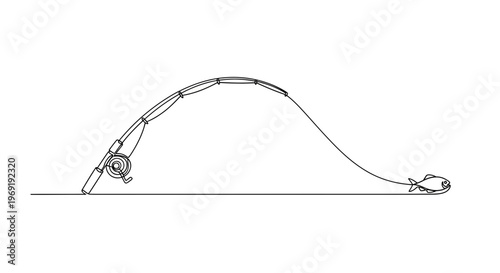 Minimalist continuous line drawing of a fishing rod with a fish on the line simple and elegant
