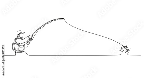 Dynamic single line art capturing an angler's joyful moment hooking a lively fish on water