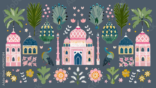 A vibrant illustration featuring indian architecture peacocks and lush foliage