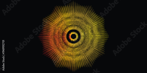 Abstract circular graphic design featuring radiating spiky lines in a gradient from orange to yellow creating a radial pattern resembling a sun or starburst on a dark background
