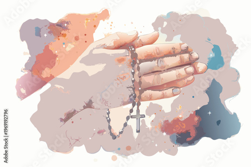 Hands clasped in prayer holding a rosary with watercolor style effects