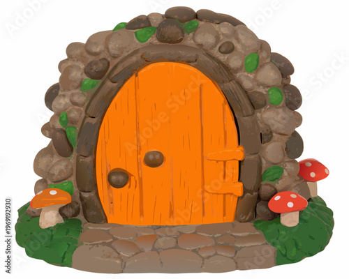 A whimsical fairy tale cottage door built into a rocky hillside