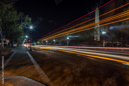 Washington Monument at Night with Light Trails and Long Exposure Traffic in Washington DC