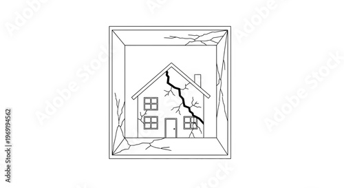 Conceptual drawing showing a dwelling with a significant crack contained within a fragile structure
