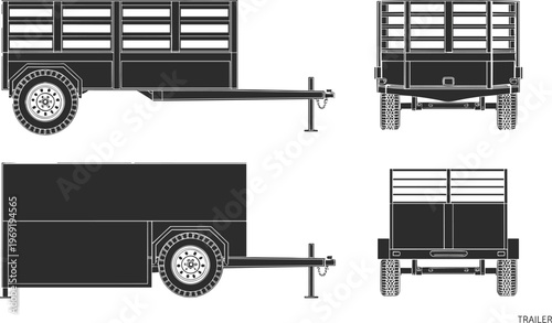 Technical of a single axle utility trailer from side and front views technical blueprint schematic