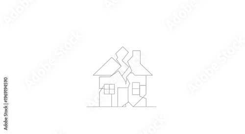 Minimalist line art illustration depicting a structurally compromised house signifying damage and