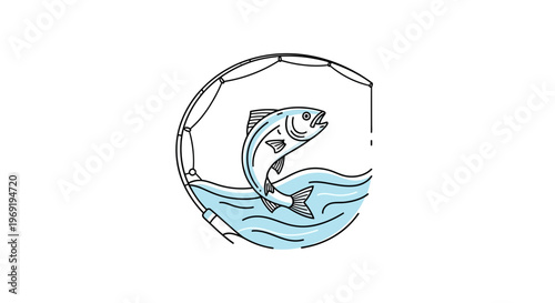 Minimalist angling sport logo with a lively fish leaping from blue water waves and fishing gear