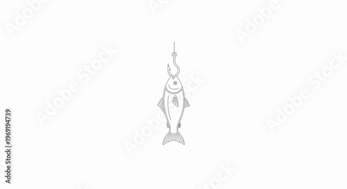 Simple line drawing of a fish caught on a hook illustrating fishing success or a bait concept