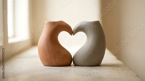 Two simple objects positioned to form a heart-shaped space between them, symbolizing love, care, and connection in a minimal concept scene.