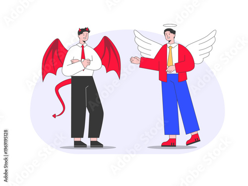The moral conflict between good and evil, which is often described as a person's inner struggle. Trade war illustrations. Flat vector concepts.