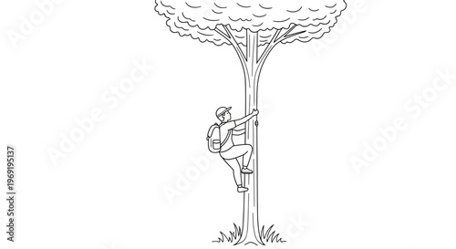 A person with a backpack and cap actively climbing a large tree trunk, illustrating outdoor