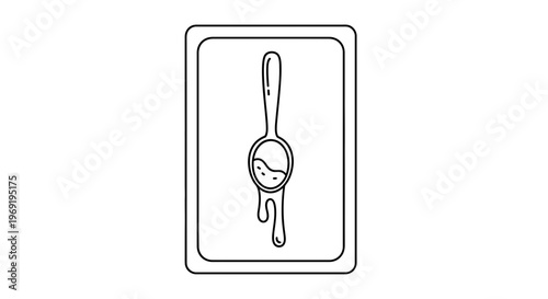Minimalist black outline icon of a spoon with a dripping liquid inside a rectangular frame