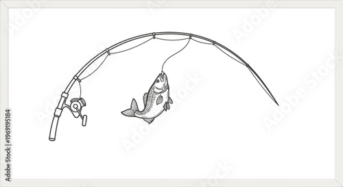 Detailed line art illustration of a bending fishing rod with a freshly caught fish hooked,
