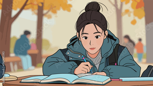 Student studies in an outdoor area during autumn while surrounded by colorful trees and other people