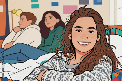 Group of friends sitting together in a room during a casual hangout while one friend smiles at the camera