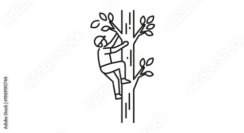 An illustration of a person climbing a tree for maintenance, depicting a professional arborist at