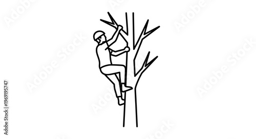 Outline drawing of a tree worker ascending a trunk, depicting arboreal maintenance tasks clearly