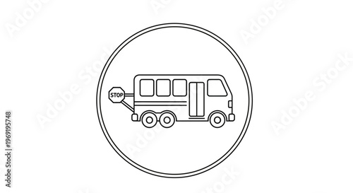 Clean line art illustration of a school bus icon with stop sign in a minimal circular frame design