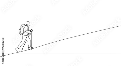 Dynamic single line art showcasing a hiker's determined ascent up a steep incline with essential