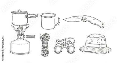 Camping Essentials - Stove, Mug, Knife, Flashlight, Binoculars, and Hat.