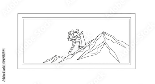 Minimalist line art illustration of a solo hiker ascending a jagged mountain peak during an