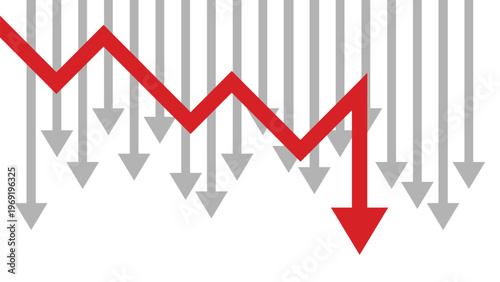 Multiple Red Business Arrows Falling with Zigzag Declining Arrow Line Representing Trading Loss, Recession, and Negative Economic Trend