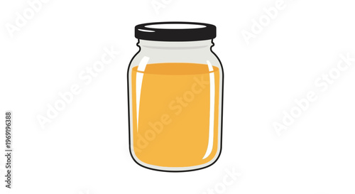 Simple cartoon illustration of a clear glass jar containing a golden liquid with a black lid