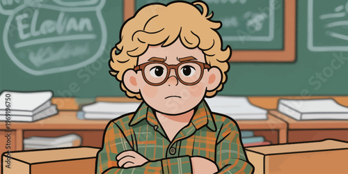 Young student with curly hair sitting in classroom during school day looking focused on lesson without distractions