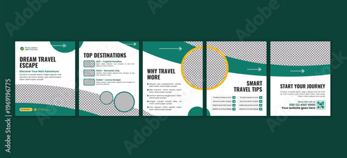 Travel Agency Carousel set Template, Modern Tourism Promotion Social Media Post Design 