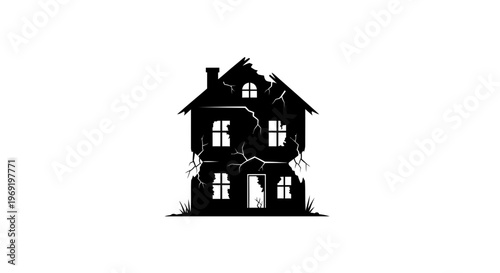 Eerie Silhouette of a Crumbling Two-Story House with Broken Windows and a Damaged Roof, Evoking a