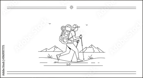 Monochromatic line illustration of a lone trekker with gear exploring vast mountain ranges under a