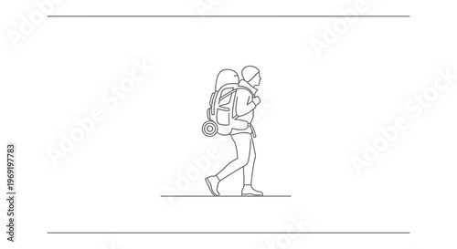 Minimalist line art depicting a solo hiker embarking on an outdoor journey with a large backpack