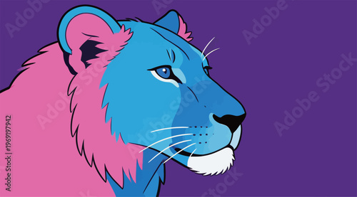 Colorful lion head design with blue and pink tones on a purple background showing artistic representation