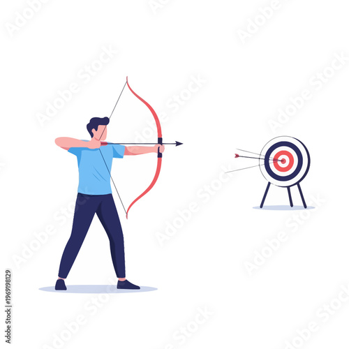 Man aiming bow and arrow at target, focus and precision concept illustration