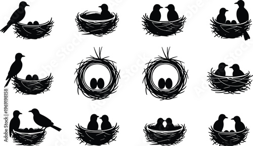 Set of bird nest silhouettes with eggs and parent birds, love and family concept illustration, nature wildlife collection isolated on white background design