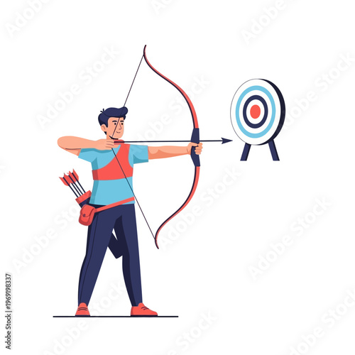 Archer aiming bow and arrow at target, focus and precision in sport