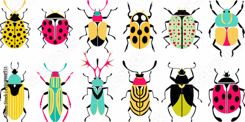 A collection of vibrantly colored stylized beetles arranged in two rows