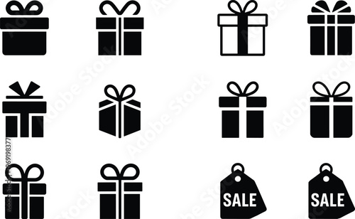 Gift box icon set with sale tags present symbols for shopping celebration birthday holiday ecommerce packaging design