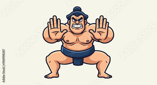 Cartoon sumo wrestler with raised palms defensive mascot pose