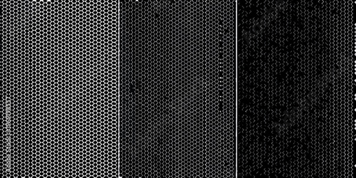 Three sections of wire mesh in varying shades of gray and black