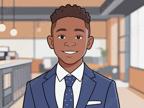 Young man in a suit stands in a modern office space with a warm ambiance during a workday