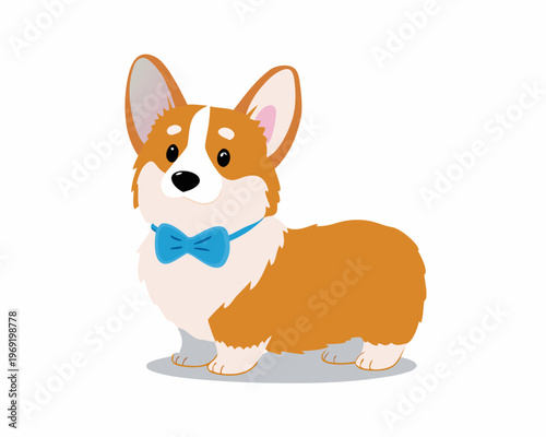 Charming corgi puppy wearing a blue bow tie stands cheerfully