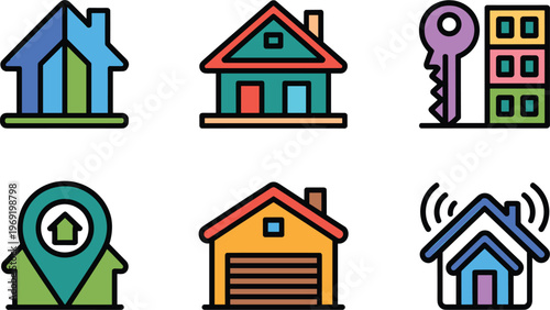 Home security and house icon set featuring property protection symbols for real estate safety access and smart home design